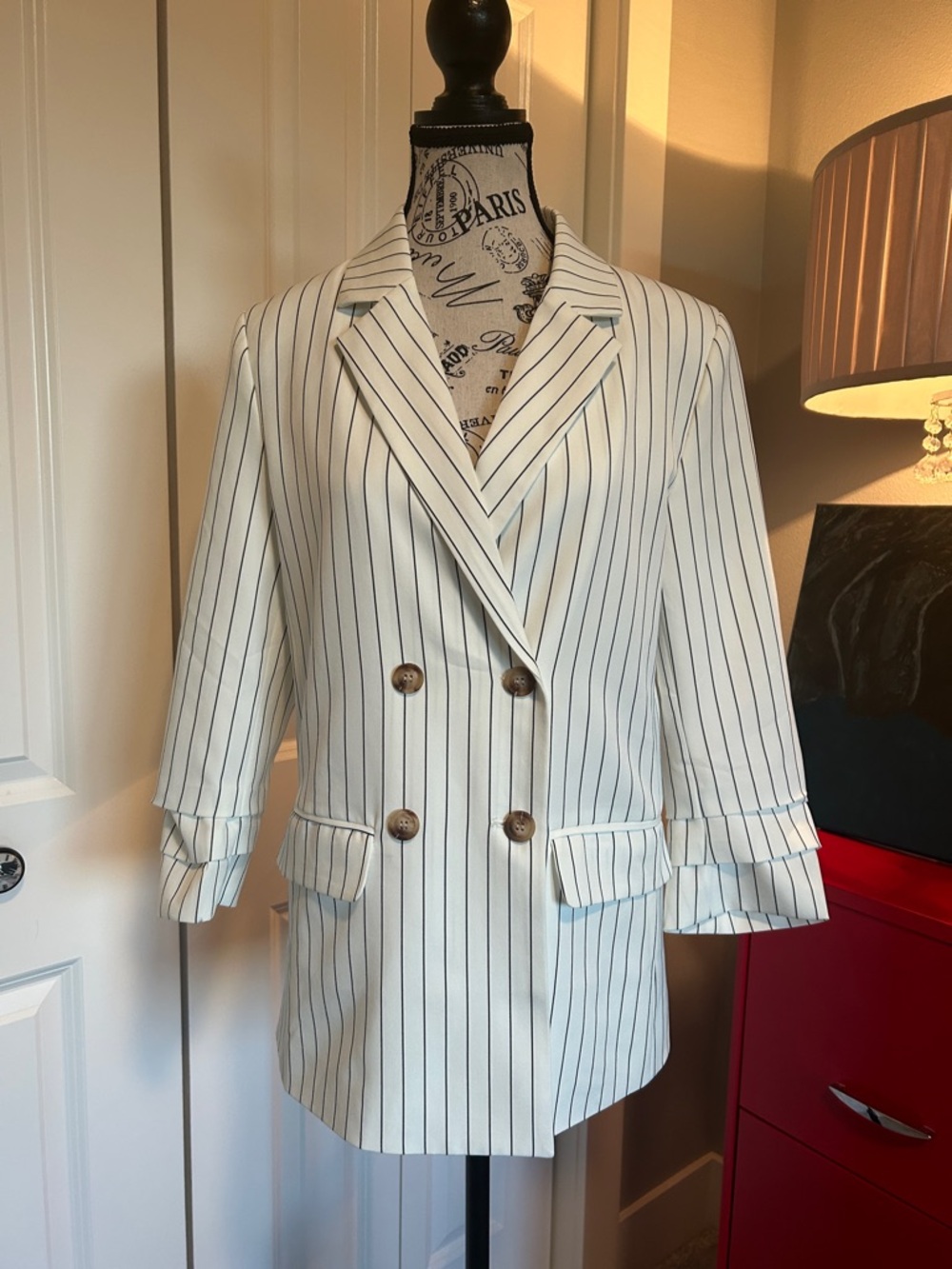 NWOT Striped Double-Breasted White Blazer Jacket